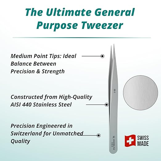 Excelta 00-S Straight Medium Point Stainless Steel Tweezers, 4.5" Long, Conductive, Swiss Made, Professional