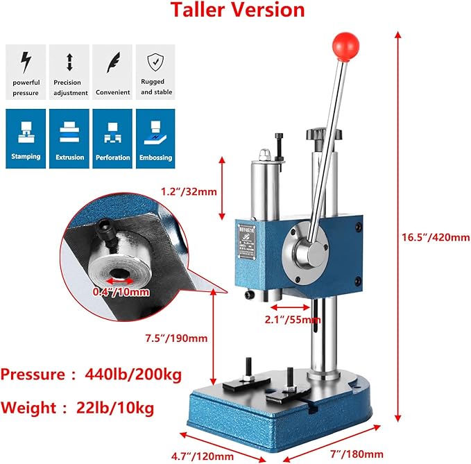 Arbor Press, 440lb Manual Arbor Press, 7.5 in. Maximum Height, Automatic Retractable Benchtop Arbor Press, Precision Manual Presses for Stamping, Bending, Drawing and Forming(440lb/200kg Taller mode