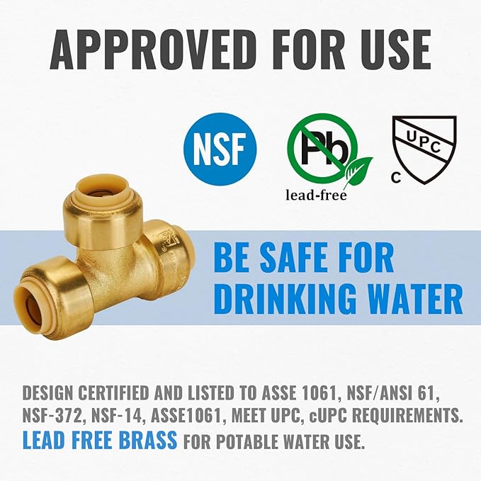 SUNGATOR 1/2 Inch Tee, Push Pex Tee Plumbing Fittings 1/2 Inch, No Lead Brass Push-to-Connect T Plumbing Fittings for PEX Pipe, Copper, CPVC Transition, with 1 Disconnect Clip, Pack of 6