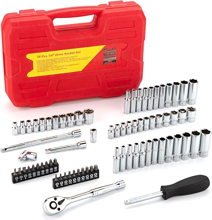 1/4" Drive Socket Set 74-Piece, 1/4??Drive Master Socket Set with Ratchets, 1/4" Drive Bits Set Extensions Bar, Universal Joint (5/32-Inch- 9/16-Inch, 4mm-14mm)
