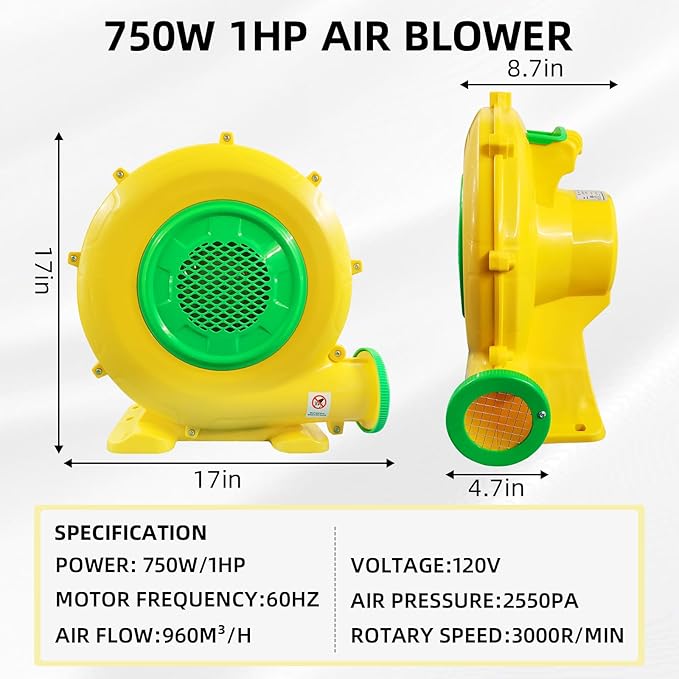 750W Bounce House Blower, Powerful Air Blower for Inflatables, Portable Bubble House Blower Pump Fan for Inflatable Bouncy Castle, Jumper, Water Slide, Leaf Blower Corded(750Watt 1HP)