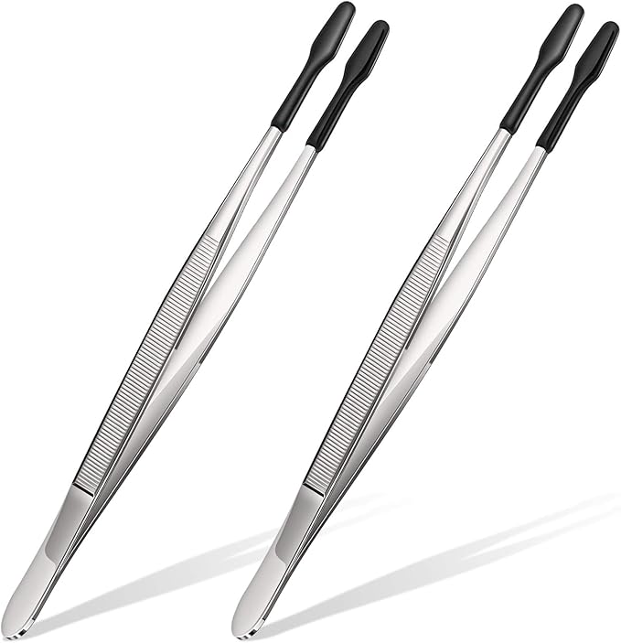 Honoson 2 Pieces Rubber Tipped Tweezers PVC Rubber Coated Soft Non Marring Flat Tip Lab Industrial Hobby Craft Tweezers Tools Jewelry Coin Stamp Tongs(Black)
