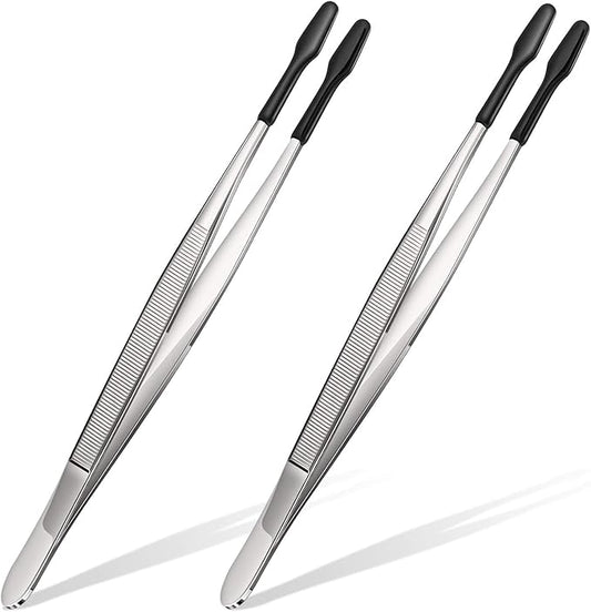 Honoson 2 Pieces Rubber Tipped Tweezers PVC Rubber Coated Soft Non Marring Flat Tip Lab Industrial Hobby Craft Tweezers Tools Jewelry Coin Stamp Tongs(Black)