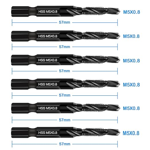 DKIBBITH 6 Packs M5 Combination Drill & Taps Bit Set, Screw Threading Tapping Tools in Size M5*0.8 with Anti-Rust Black Coating, 1/4" Hex Shank and Storage Case