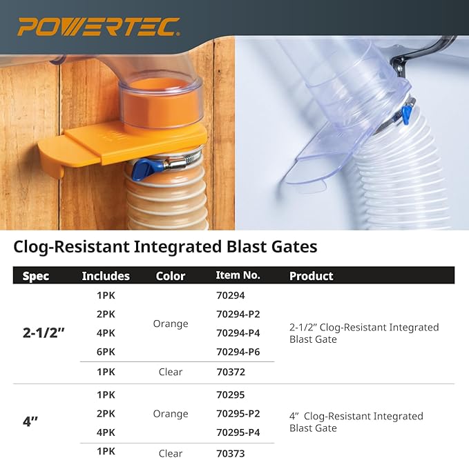 POWERTEC 70295 4-Inch Integrated Blast Gate Clog Resistant, Anti Gap Tapered ABS Plastic Fitting for Dust Collection Systems (Patented)