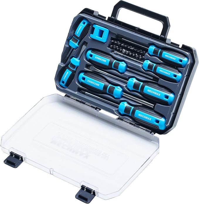 29 Piece MECHMAX Magnetic Screwdriver Set with Assorted Bits Includes Phillips, Slotted, Star, Hex & Square Bits, Features Magnetizer/Demagnetizer & Storage Case, Hand Tool Kit for Home Repair
