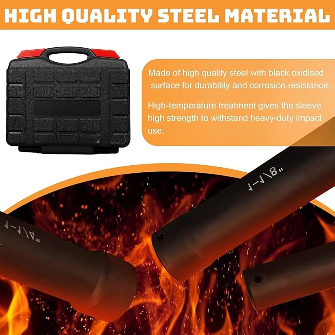 1/2 Inch Drive Extended Length Impact Socket Set, 6 Piece Extra Deep Impact Socket Set, Hex Size 3/4", 7/8", 15/16", 1-1/16", 1-1/8", 1-1/4", for High Torque Use with Case