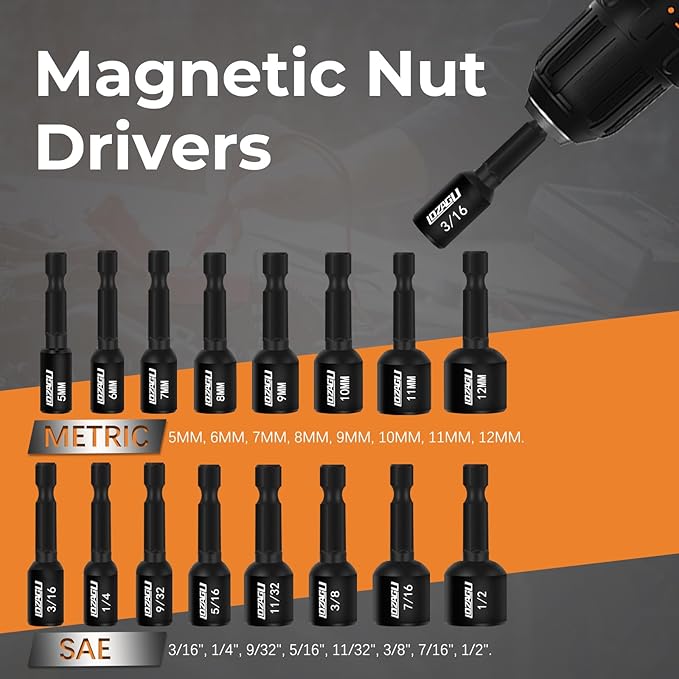 17PCS Magnetic Nut Driver Set | SAE and Metric | Premium Impact Power Hex Nut Driver Drill Bit Master Kit | 1/4 Inch Hex Shank | Cr-V Steel (17PCS Magnetic Nut Driver (Short))