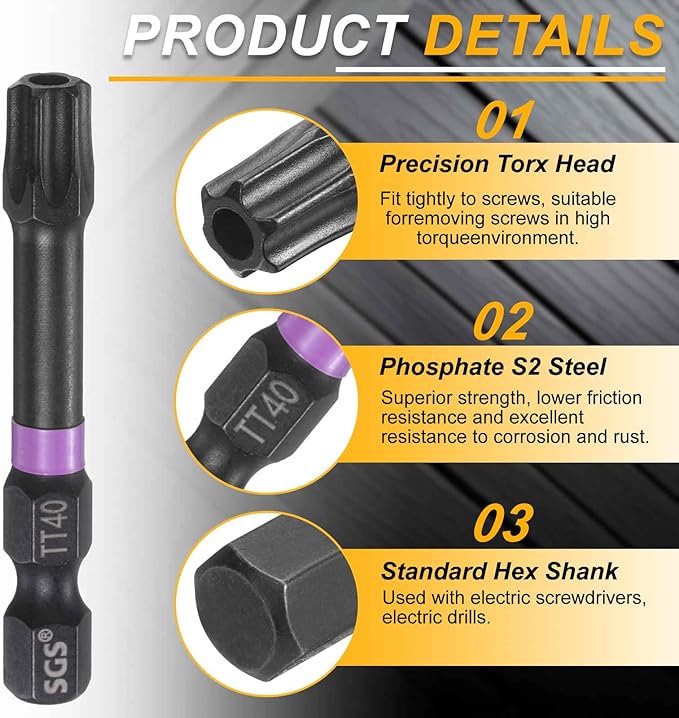 HARFINGTON 2pcs TT40 Torx Head Impact Screwdriver Bits 1/4" Hex Shank 2" (50mm) Long Magnetic Tamper Proof 6 Point Star Screw Driver Drill Bits Phosphate S2 Steel Power Tools with Hole