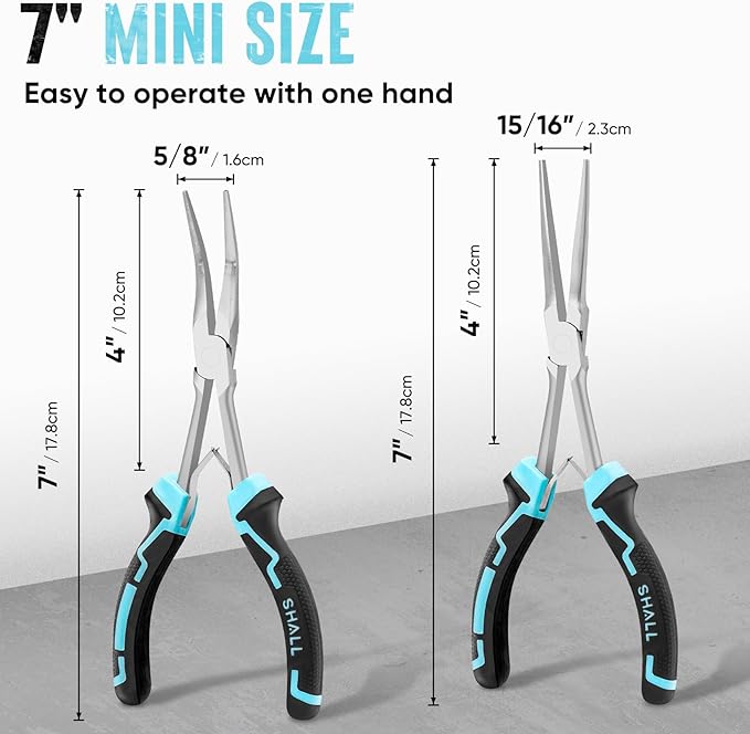 SHALL 7" Long Reach Needle Nose Pliers Set, 2PC Extra Long Nose & Bent Nose Pliers with Comfort Grip Handles, Non-Serrated Mini Pliers for Bending Wire, Jewelry Making, Crafts, Home Repair