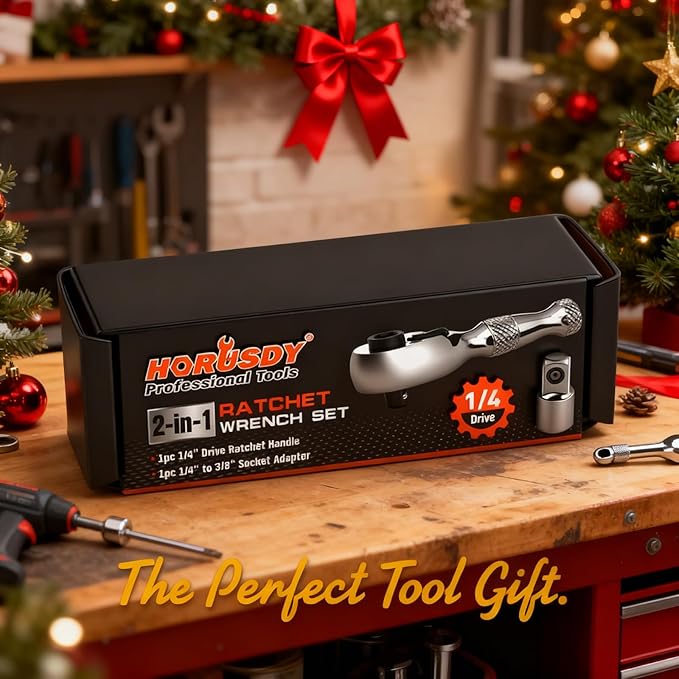 HORUSDY 1/4-Inch Stubby Ratchet Wrench Set, Chrome Alloy 90-Tooth Reversible 1/4" Drive Handle with Magnetic Bit Driver & 1/4" to 3/8" Adapter, Compact Socket Wrench for Tight Spaces, Auto, DIY