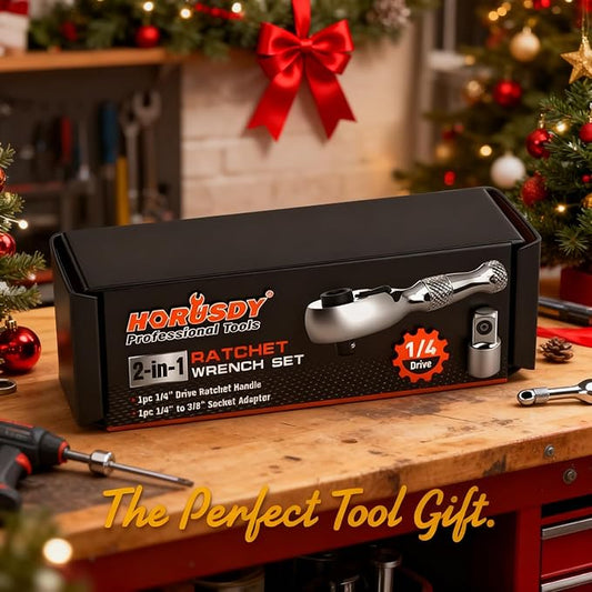 HORUSDY 1/4-Inch Stubby Ratchet Wrench Set, Chrome Alloy 90-Tooth Reversible 1/4" Drive Handle with Magnetic Bit Driver & 1/4" to 3/8" Adapter, Compact Socket Wrench for Tight Spaces, Auto, DIY