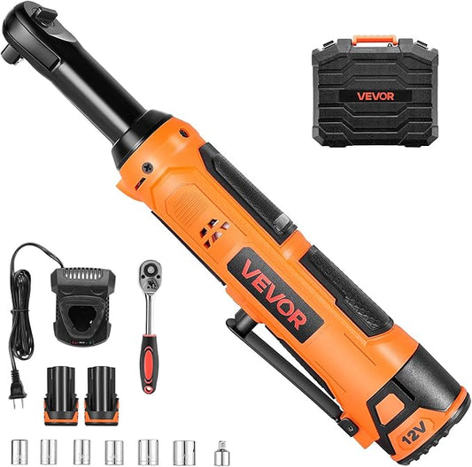 VEVOR Cordless Ratchet Wrench, 3/8 inch Drive, 230 RPM, up to 33 ft-lbs of Torque, Battery Powered Electric Ratchet Wrench Set with Two 2.0Ah Batteries, Charger, Sockets, Adaptor and Carrying Case