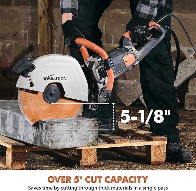 Evolution R14DCT 14” Electric Concrete Saw | High-Torque 20A Motor | 5-1/8” Cut Depth | Auto ON/OFF Dust Suppression | No Gas, Low Maintenance | 14” Diamond Blade | Heavy-Duty | 20A Plug