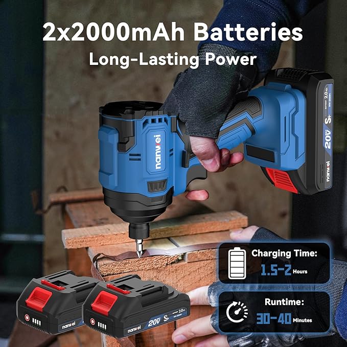 NANWEI 20V Brushless Impact Driver，2100 In-lbs (240N·m) Max Torque, 1/4" Hex Shank, 2 x 2.0Ah Batteries, and Bit Set – Ideal for Heavy-Duty Home Improvement and DIY Projects(With Battery）