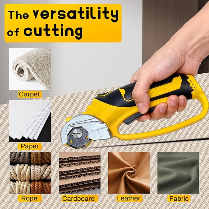 Cordless Electric Scissors with two Blades, 4V Rechargeable Cardboard Box Cutter with LED Light & Safety Lock,Powerful Rotary Cutter tool Cuts Fabric, Cardboard, Leather, Carpet up to 1/4”