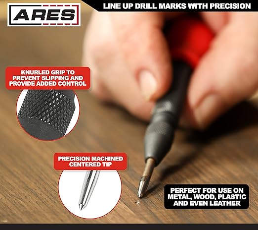 ARES 10022 - Automatic Center Punch - 5-Inch Adjustable Spring-Loaded Tool - Anti-Slip Knurled Grip - Durable S2 Steel Tip