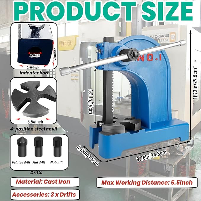 1 Ton Arbor Press with 3 Extra Drifts, Manual Arbor Press Reversible Ram, Heavy-duty Manual Desktop Arbor Press with Removable Steel Anvil 11.73" Height for Metal Cutting/Deforming (Blue)