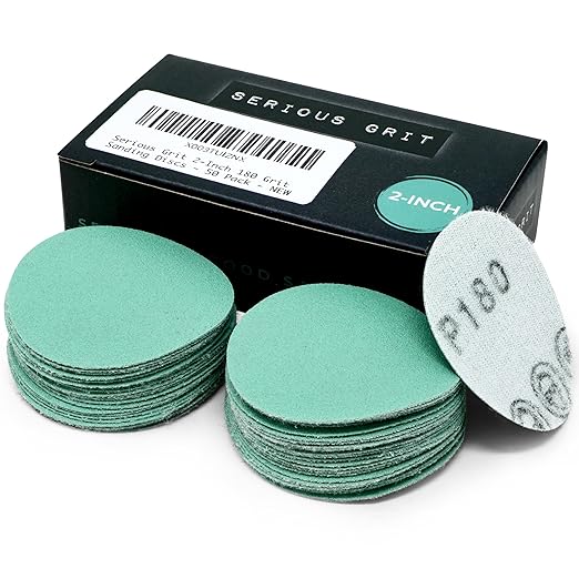 Serious Grit 2-Inch 180 Grit Aluminum Oxide Sanding Discs - Heavy-Duty Hook & Loop Film Discs - Compatible with Angle Grinder, Bench Grinder, Die Grinder - Pack of 50 - Green