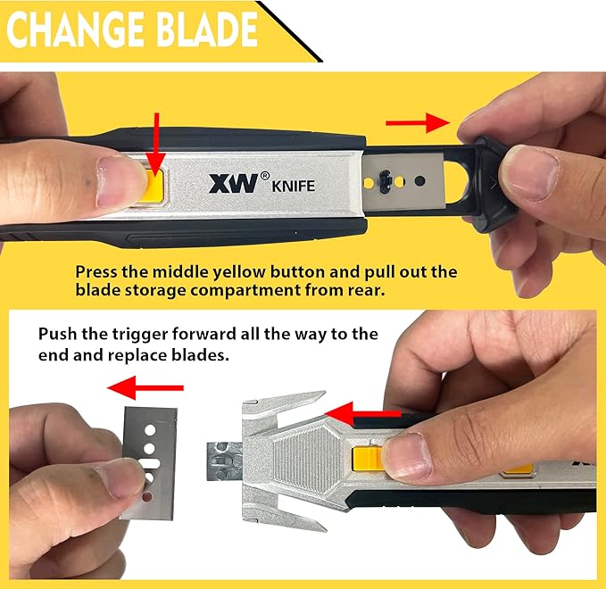 XW Heavy Duty Scraper Utility Knife with Safety Box Cutter, 2-in-1 Tool with 10 Spare SK2 Blades in Storage