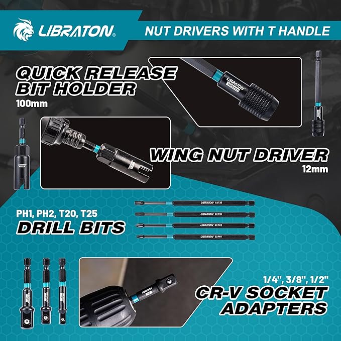 LIBRATON 27PCS Magnetic Nut Driver Set with Ratcheting T Handle, Nut Driver Set for Impact Drill, Metric & SAE Long Socket Set, Drill Bits, Socket Adapters, Wing Nut Driver, Quick-release Bit Holder