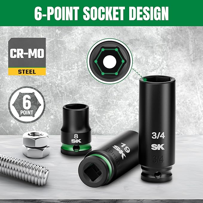SK 3/8" Drive Impact Socket Set, 40-Piece Deep & Shallow Sockets, Metric 8 to 19mm, SAE 5/16??to 3/4?? Premium CR-MO Steel, SureGrip 6 Point Design, With Storage Case