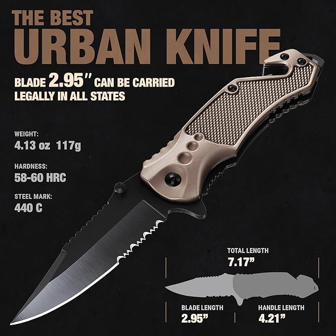 GOOD WORKER Legal Pocket Knife with 2.95??Serrated Blade, Glass Breaker, Seat Belt Cutter - EDC Sharp Folding Knives with Portable Clip - Small Tool for Tactical Camping Survival Hiking - Gifts for Men, Women