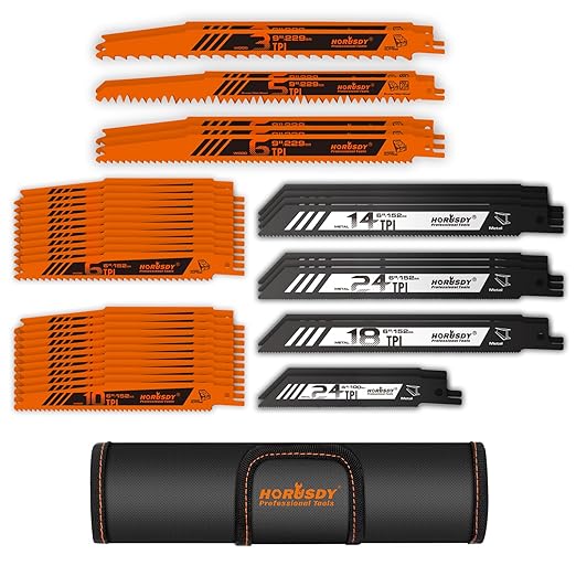 HORUSDY 40-Piece Reciprocating Saw Blade Set for Wood & Metal | Includes Pruning, Wet Wood, PVC and Metal Cutting Blades (3-24TPI) | with Storage Pouch for Easy Organization