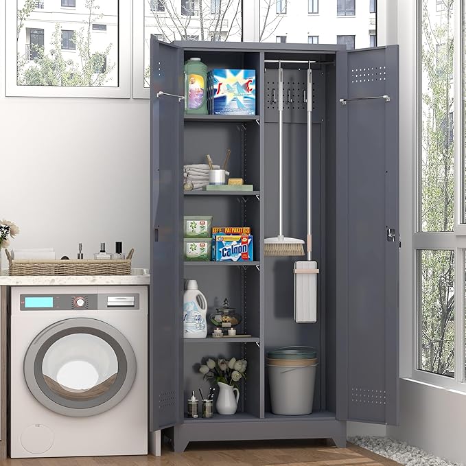 GREATMEET 72.8" Broom Storage Cabinet竊똌etal Storage Cabinets for Cleaning Supplies with Pegboard, Utility Closet, Broom Mop Cabinet, Grey