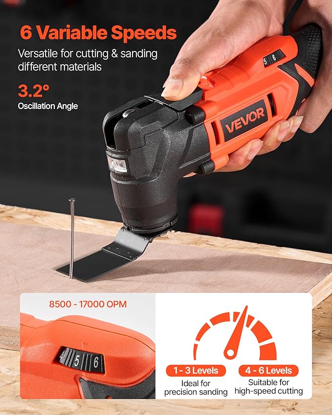 VEVOR Cordless Oscillating Tool, 20V Multitool Oscillating Tool with 6 Variable Speeds 8500-17000 OPM, 3.2째 Oscillating Angle, 8PCS Saw Accessories & LED Work Light (Battery Pack Not Included)