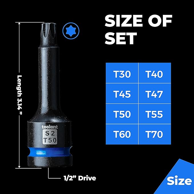 toolant Impact Torx Bit Socket Set 8pcs(T30-T70),1/2" S2 Steel Air Drive Star Sockets, High Impact Bits,Professional Mechanic & Automotive Repair Socket Set