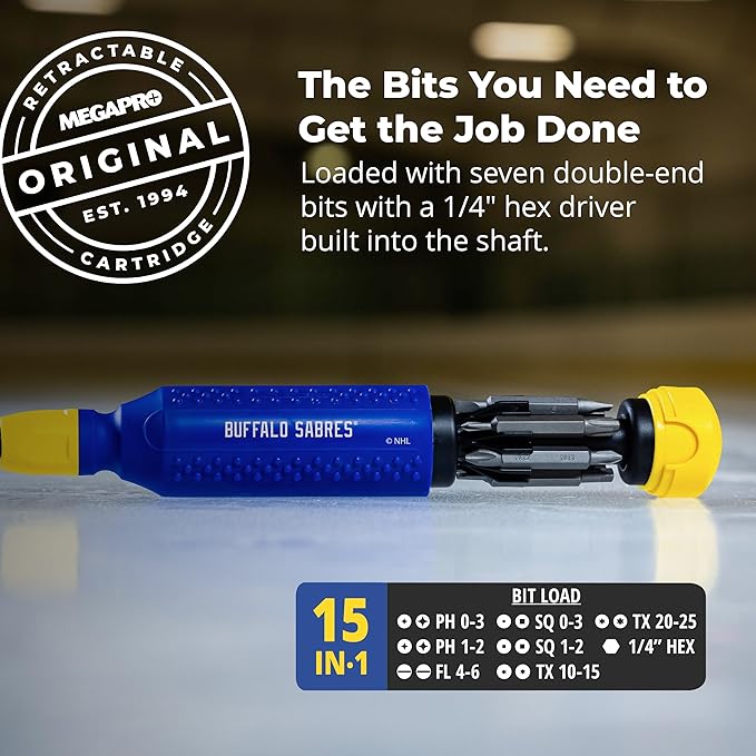 MEGAPRO짰 NHL짰 Team Edition Multi-bit Screwdriver | Officially Licensed NHL짰 Gear | Durable, Ergonomic, Pro-Grade Screwdriver (Buffalo Sabres짰)