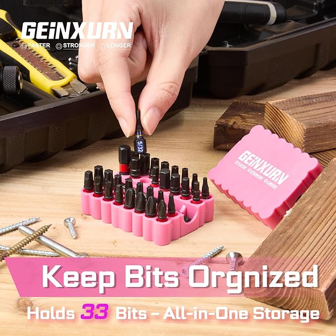 Impact Screwdriver Bits Set, 33 Pieces 1?쒶ulti Head Magnetic S2 Steel Driver Bits PH/SQ/Torx/Slotted/Hex/Security Torx With Pink Soft Base