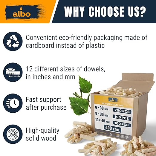 ALBO Wooden Dowel Pins 400 Pack Assorted Sizes 6?30 / 8?30 / 10?40mm, Fluted Wood Dowels Rods Hardwood Crafts Dowel Pegs