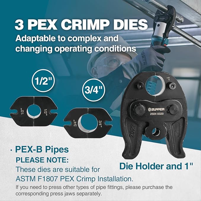 ZUPPER Mini Press Tool kit with 3 PEX Crimp Dies F1807 1/2", 3/4", 1", Brushless Motor, 2pcs Battery, Fast Charger & Carrying Case
