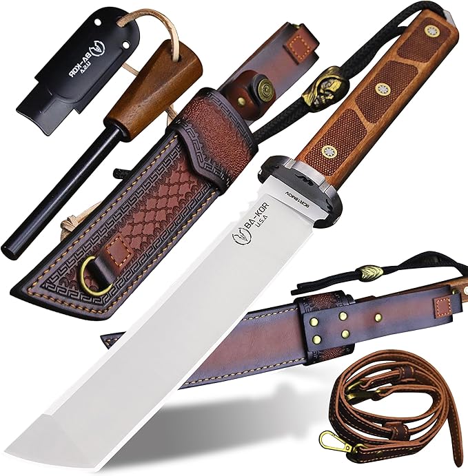 BA-KOR 7mm 9CR18MOV steel (15.6IN) sandalwood handle full Tang fixed knife+scabbard+(single shoulder strap)&(5.9IN) cerium igniter, suitable for outdoor hunting, camping, survival, EDC tool knife