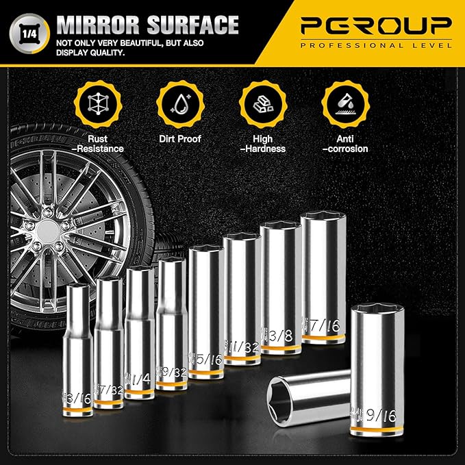 10PCS 1/4??Drive Deep Socket Set, SAE (3/16"-9/16"), 6-Point, Cr-V Steel, Chrome Plated Socket With Hanging Bracket, Cover Most Commonly Sizes
