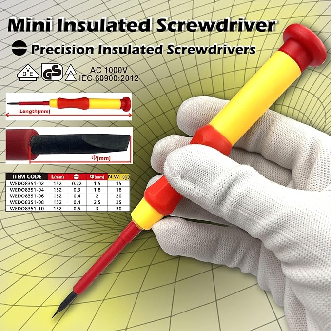 WEDO Insulated Precision Slotted Screwdriver, Magnetic Tip Mini Electrician Screwdriver, VDE 1000V, Size 3.0횞152mm, IEC 60900