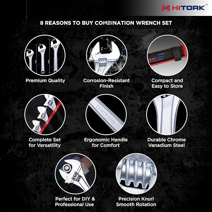 Hitork 3-Piece Adjustable Wrench Set 6-Inch, 8-Inch, 10-Inch, Chrome-Plated Cr-V Steel, Wide Opening Jaws, Laser Etched SAE & Metric Scale, Polished Head, Smooth Knurl, Roll Pouch Included