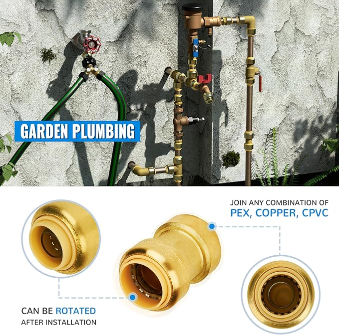 SUNGATOR 1-Inch Push-Fit Straight Coupling, Push-to-Connect PEX, Copper, CPVC, No Lead Brass Plumbing Fittings with Disconnect Clip (2-Pack)