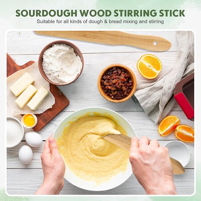 Baderke 11 Inch Wooden Sourdough Bread Mixing Stir and 13 Inch Wooden Spatula Paddle Stirring Stick for Kitchen Cooking Mixing Tool for Sourdough Starter Cookware Pot(Bamboo Wood)