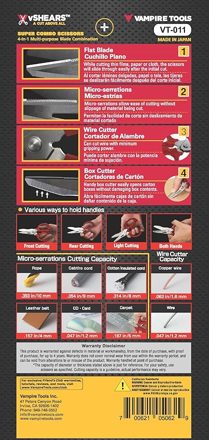VAMPLIERS 6.3" Compact Heavy Duty Electrician Scissors. Made in Japan. 4-in-1 Multipurpose Blades.