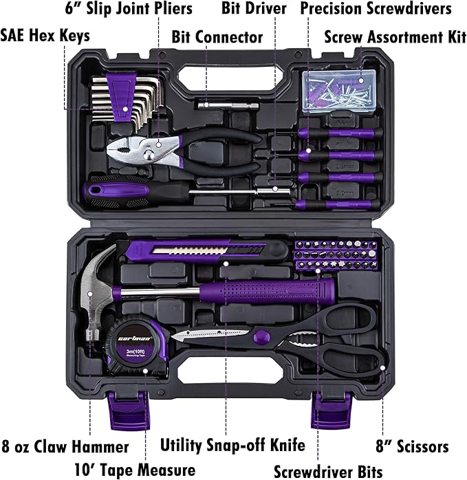 CARTMAN 126-Piece Home Tool Set Kit, Basic Household Hand Tools with Storage Case Purple