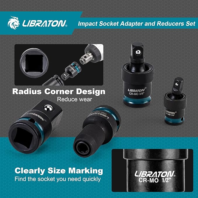 LIBRATON Impact Socket Adapter and Reducer Set 11PCS, Socket Adapter Reducers, Swivel Socket Adapters, Impact to 1/4 Hex Converters, Impact Wrench Adapters for Automotive Repair, with Blow Molded Box