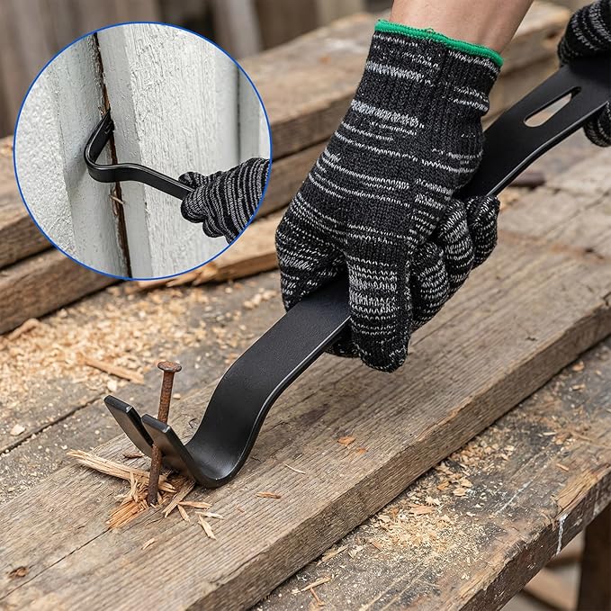 6 Pcs Pry Bar Set, 10" Paw Nail Puller, 7" and 9" Flat Claw Pry Bars, 8 Inch End Cutting Pliers, 8 oz Claw Hammer with Gloves, Utility Bar Set for Baseboard, Floor, Nails Removal