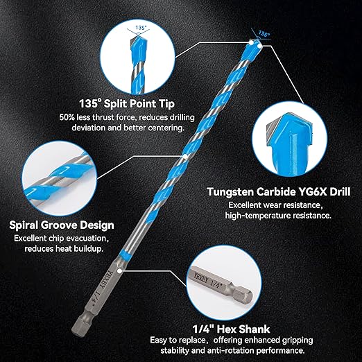 5PCS 1/2" Masonry Concrete Drill Bit Set,Tungsten Carbide Drill Bit Tip, Hex Shank Drill Bit Set for Cement,Tile,Brick,Marble,Plastic,Wood,Glass etc.