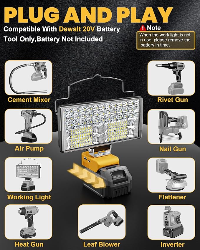 LIVOWALNY 100W LED Work Light Compatible with Dewalt Battery, 2PCS 10000LM Flashlight with USB A & USB C Output Port Low Voltage Protection, Portable Floodlight for Camping, Emergency, Outdoor Lights