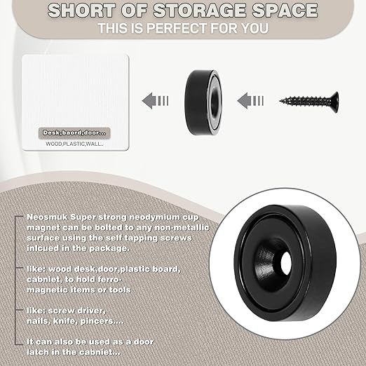 Neosmuk Magnets with Screws,40lbs+ Heavy Duty Rare Earth Neodymium Mounting Magnets with Holes,Countersunk Round Disc Industrial Magnets for Wall Mounting,6 Pack,Black
