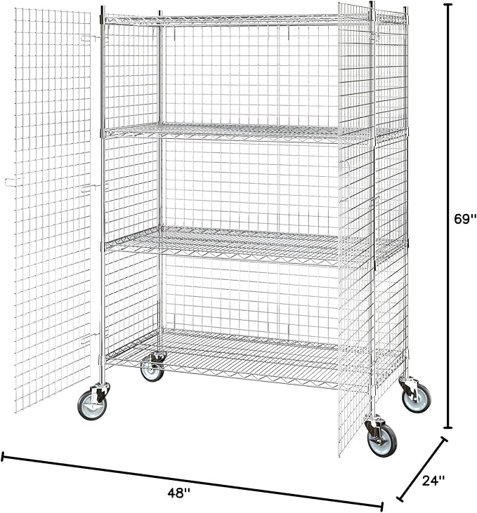 Commercial Grade NSF Listed Metal Wire Mesh Storage Chrome Mobile Security Cage Kit, 24" x 48" x 70", Perfect for Warehouse, Grocery Store, Restaurant, Dishroom