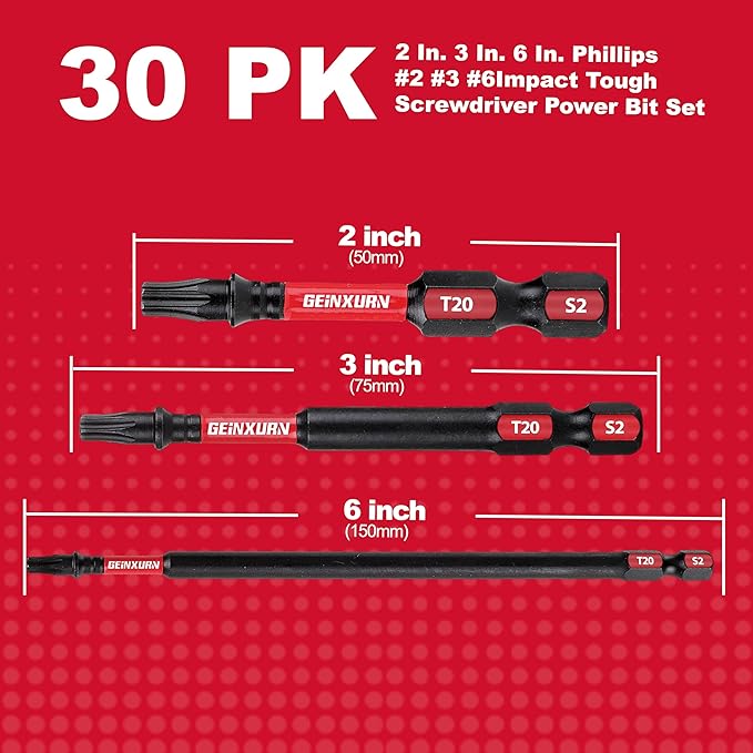 Impact Tough #2 Phillips Mixed 2/3/6 in. D2 Steel Long Extension Insert Driver Bits,30Pack 1/4 Inch Hex Shank Long Cross Magnetic PH2 Screwdriver Bits Set